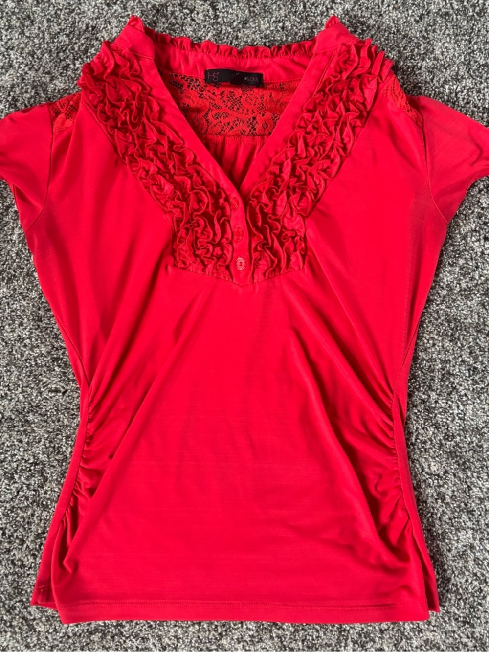 HeartSoul Red Ruffle V-Neck Lace-Back Blouse - Picture 1 of 4